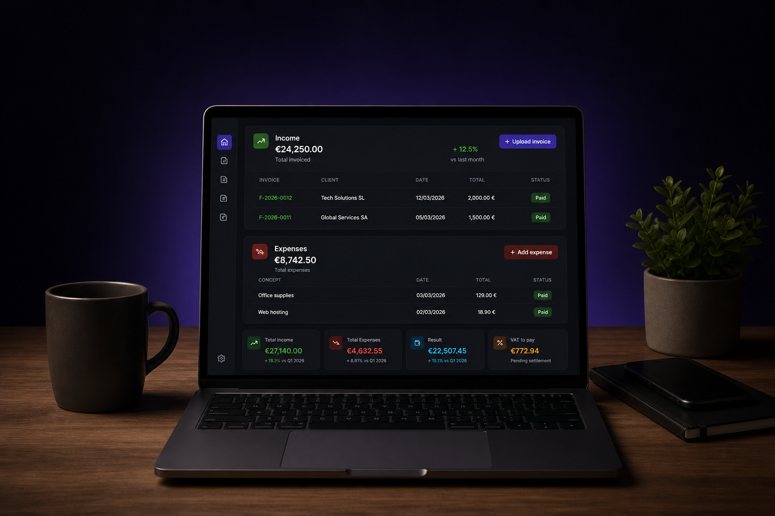 Facilº ejecutándose en un MacBook con paneles de Ingresos y Gastos
